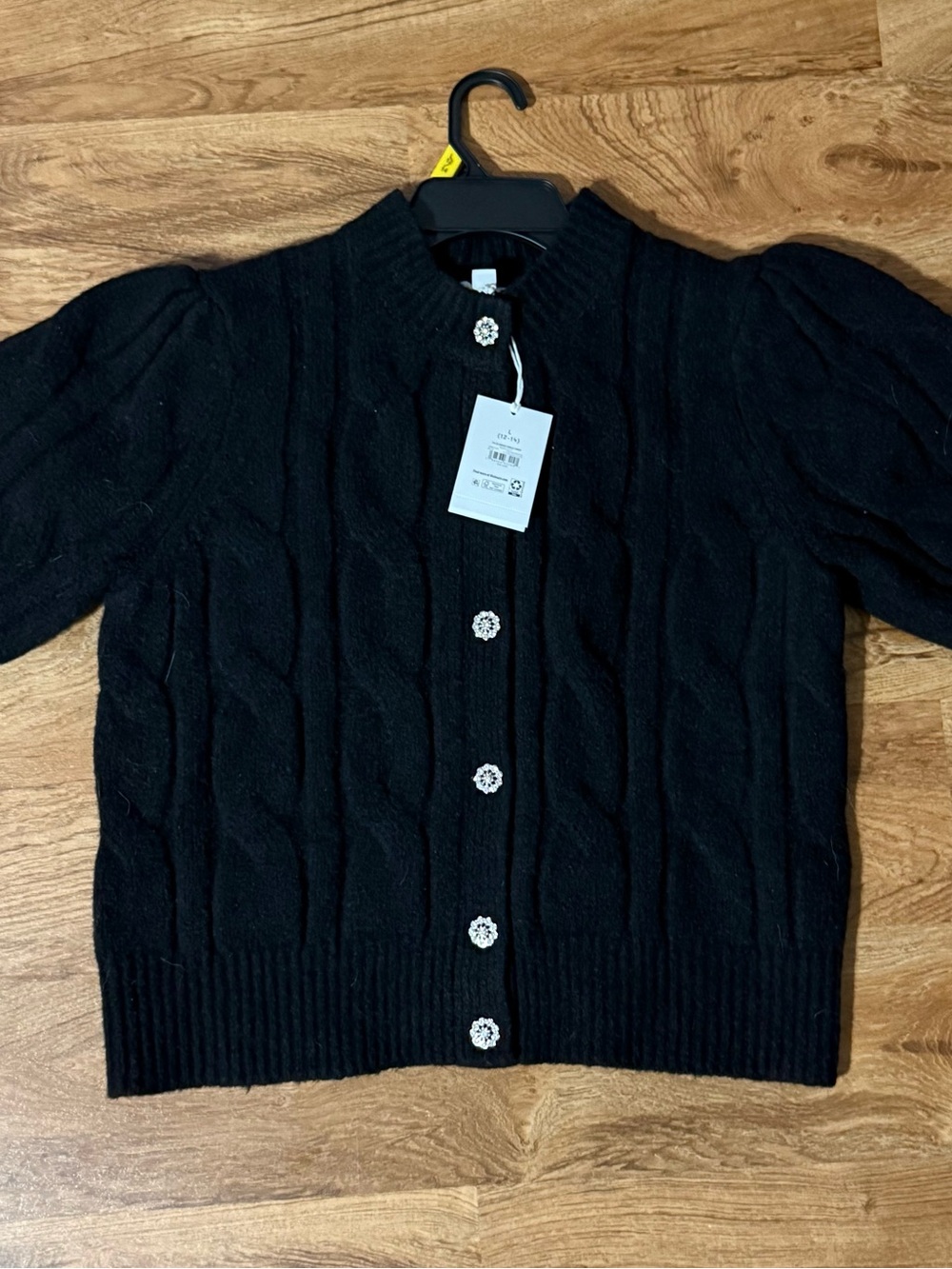 Black Cable-Knit Short-Sleeve Cardigan with Decorative Buttons